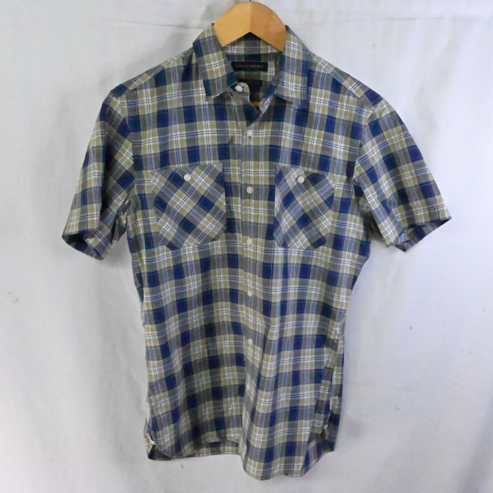 Banana Republic Small Blue Green Plaid‎ Camden Fit S/S Button Front Mens Shirt